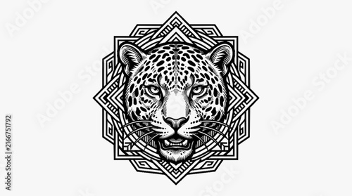 Canvas Print Black and white vector illustration of a leopard head centered within a complex geometric mandala frame, featuring intricate tribal line art and stylized big cat details