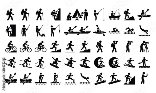 Outdoor adventure and extreme sports stick figure icons set
