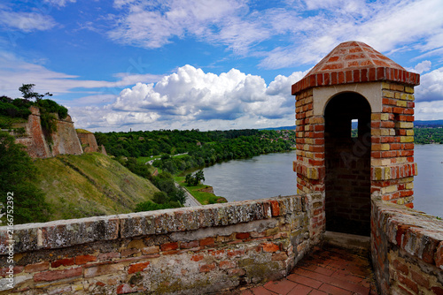 Canvastavla A brick sentry watchtower atop the stone fortifications of Petrovaradin Fortress