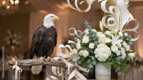 A majestic bald eagle perched on a wooden stand next to an elegant floral arrangement at a formal event