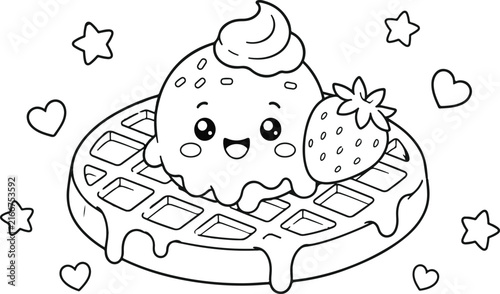 waffle with ice cream and strawberry, cute cartoon style illustration