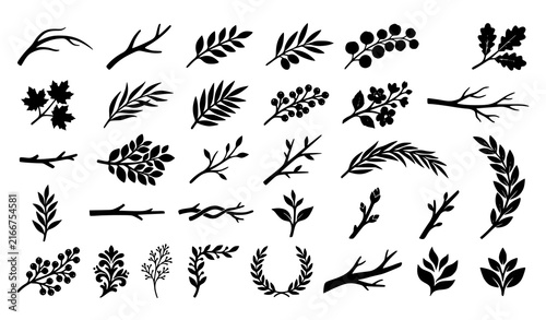 Konstfotografi Minimal Black Branch and Leaf Silhouette Vector Collection for Botanical Nature