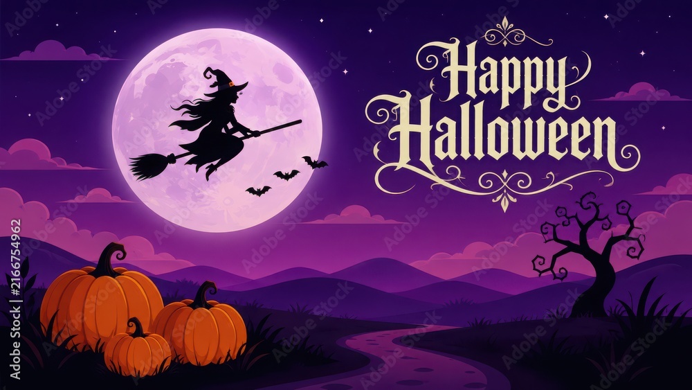 Fototapeta premium A witch flies on a broomstick against a full moon during Halloween night with pumpkins and spooky trees