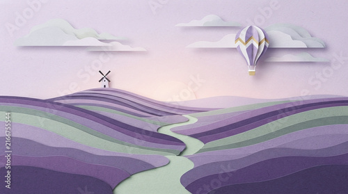 Purple Hills with Windmill and Hot Air Balloon
