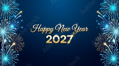 Festive happy new year 2027 greeting card design with bright blue fireworks on dark background
