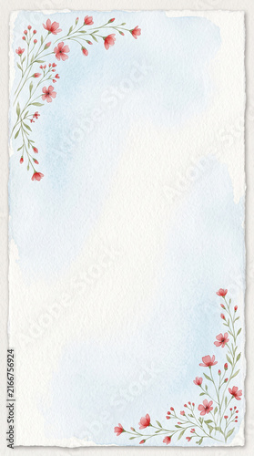 Sky Blue Watercolor Floral Border Background with Delicate Red Wildflowers, Artistic Paper Texture and Elegant Copy Space