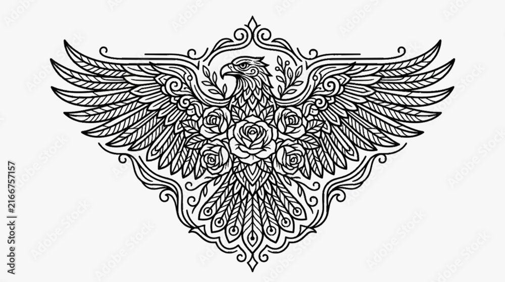 Fototapeta premium Black and white vector illustration of a leopard head centered within a complex geometric mandala frame, featuring intricate tribal line art and stylized big cat details.