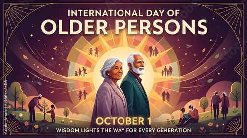Vector illustration depicting older adults and radiating sunburst for international day