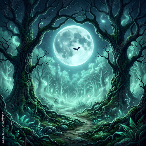 Full moon over a dark spooky forest with pixel art style
