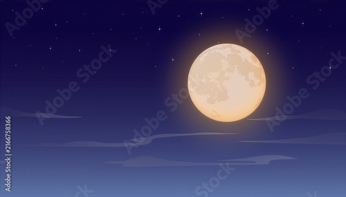 夜空に大きく輝く美しい満月と星々を描いた幻想的な背景　Fantastic Background Depicting a Large, Beautiful Full Moon and Stars Shining in the Night Sky