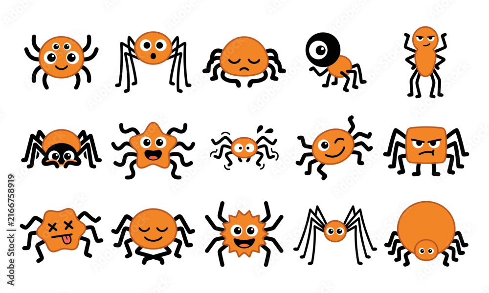 Obraz premium A collection of cute orange spider characters with various funny expressions for a fun halloween party design project