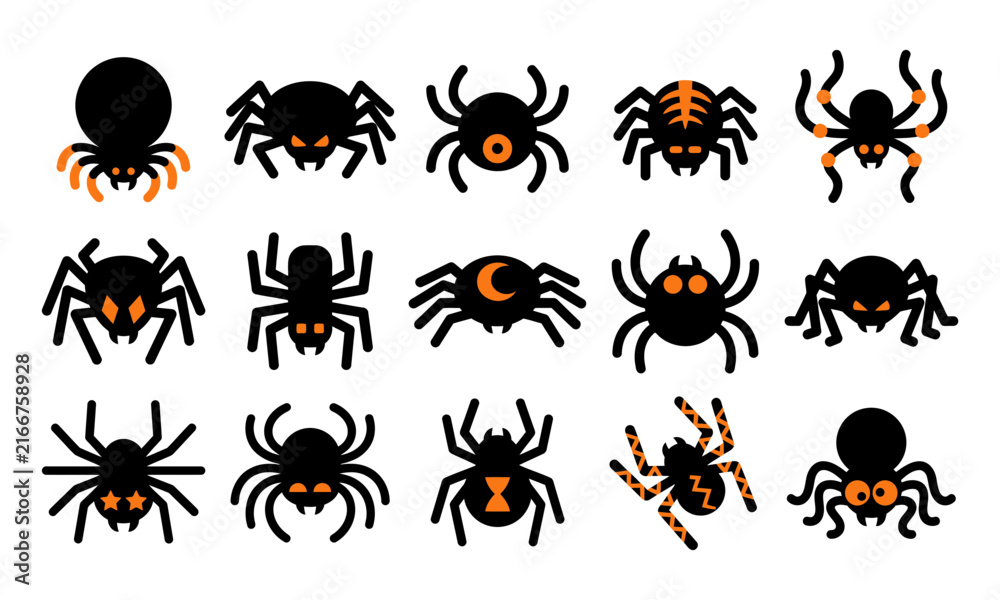 Obraz premium A collection of various black and orange spider icons designed for festive halloween decorations and spooky graphic design projects