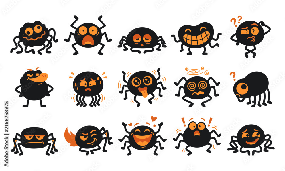 Obraz premium A collection of cute cartoon spider characters with various funny facial expressions for a fun halloween party design project