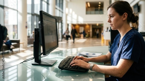 Healthcare Professional Working At Computer In Modern Hospital Lobby