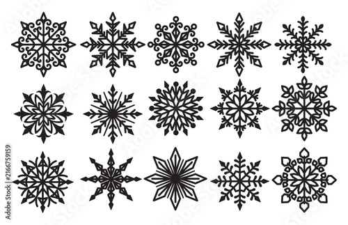 Vector Snowflake Silhouette Bundle, Winter Holiday Icons Isolated on White Background