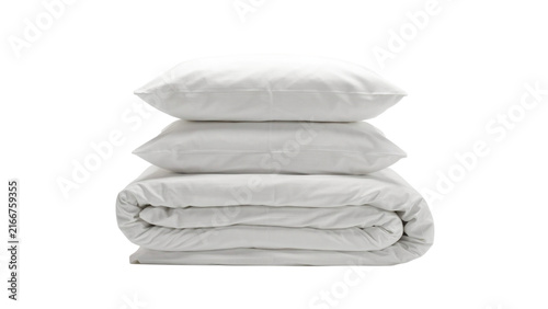 Stack of White Folded Blanket and Pillows Isolated on White Background