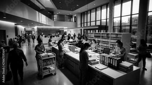 Hospital Reception And Waiting Area With Staff And Patients Black And White