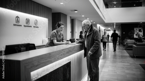 Hospital Receptionist Assisting Elderly Patient At Counter With Information Icons Above