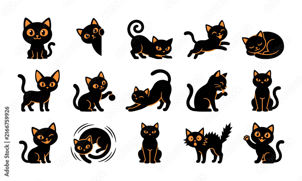 Obraz premium Set of cute cartoon halloween black cat characters in various poses isolated on a white background for design