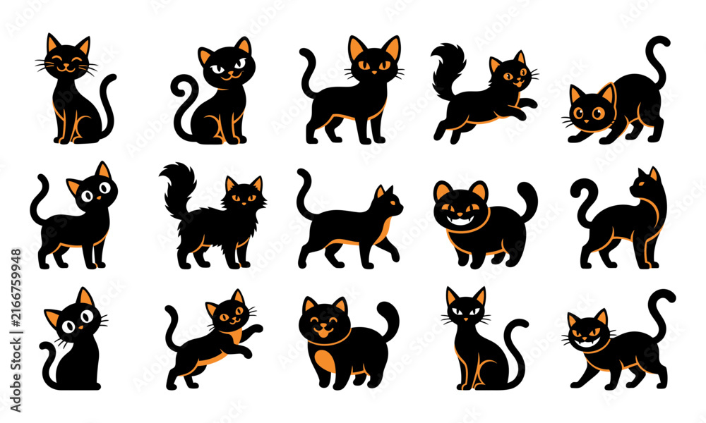 Obraz premium Set of cute cartoon halloween black cat illustrations featuring various playful poses and expressions for festive holiday design projects
