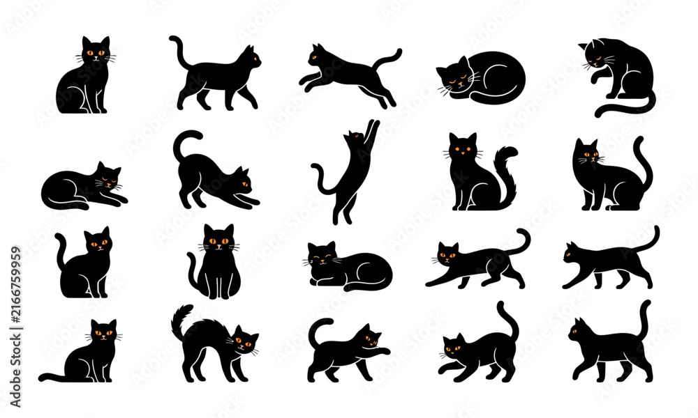 Fototapeta premium Set of various poses for a halloween black cat illustration featuring different feline silhouettes on white background