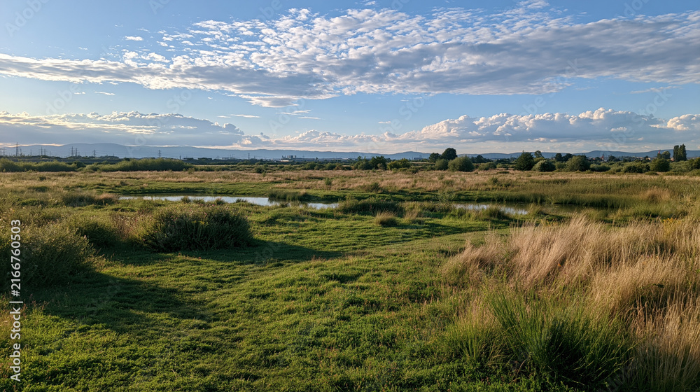 Fototapeta premium Wildlife habitat with shallow ponds and native plants in the area