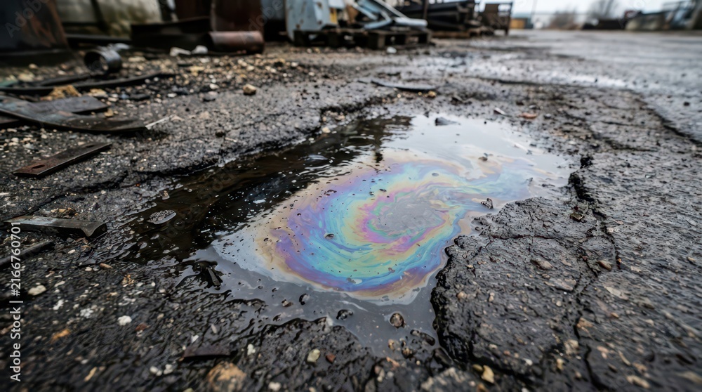 Fototapeta premium Urban oil puddle with colorful iridescent slick on cracked asphalt for environmental awareness poster background