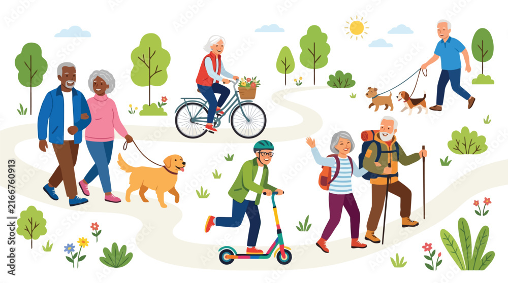 Fototapeta premium Seniors enjoying outdoor activities like walking, biking, and hiking in park