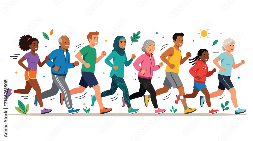Obraz premium A diverse group of people of different ages and ethnicities are running together