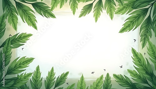 Green Leaves Frame with White Space and Small Flying Insects.