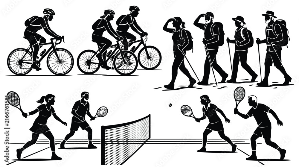 Obraz premium Black silhouette vector illustration of people engaged in outdoor activities such as cycling, hiking, and playing tennis