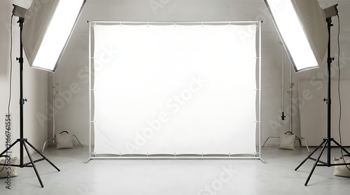 Professional photo studio with white backdrop and lighting setup