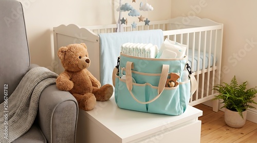 Cozy Nursery Scene with Diaper Bag, Teddy Bear, Crib & Armchair