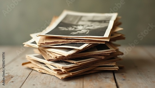 Stack of old photographs on a wooden table, vintage memories.