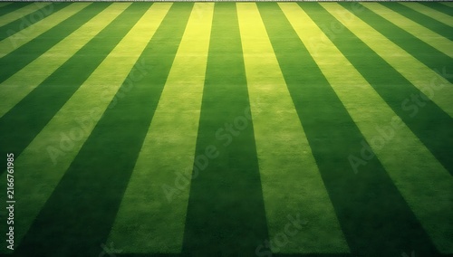 Vibrant green sports field with striped pattern.