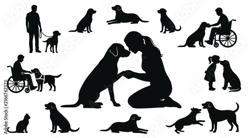 Detailed collection of black vector silhouettes featuring humans interacting with friendly dogs in various poses