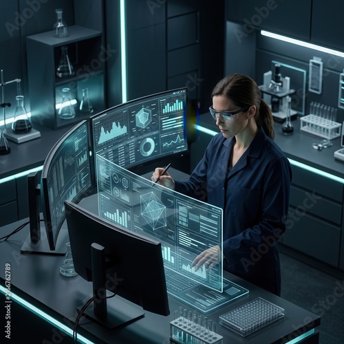 Futuristic Scientist Analyzing Complex Data On Holographic Displays In Modern Lab