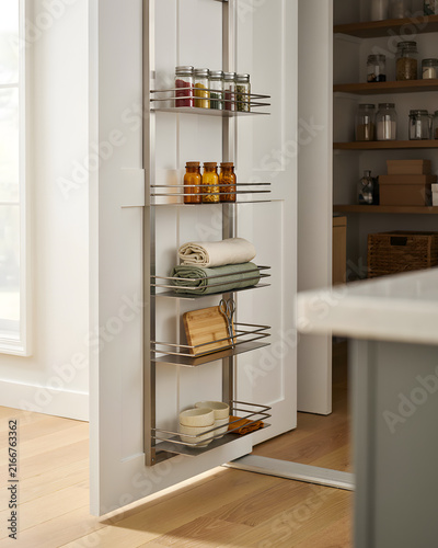 Pantry Door Hanging Storage Rack Organiser With Spice Jars Towels Cutting Board Bowls Setup