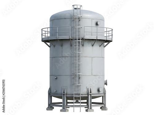 Industrial metal storage tank with ladder and walkway isolated on transparent background