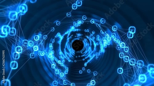 Glowing digital network nodes surrounding a central void on dark blue abstract background