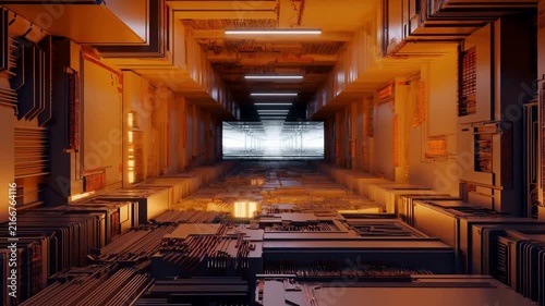 Futuristic server corridor with illuminated ceiling panels and layered computer hardware
