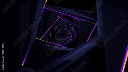 Neon geometric tunnel of nested angular frames in dark space with purple and gold edges