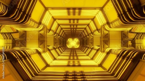 Futuristic Illuminated Tunnel Interior Leads Toward Glowing Geometric Passageway