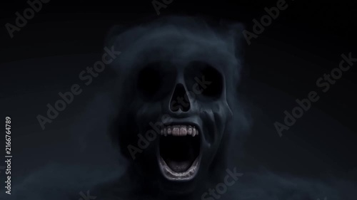 Shadowy humanoid creature with open mouth appears through swirling fog in darkness