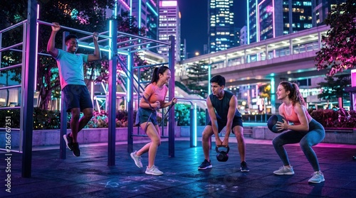 Energetic Urban Fitness Group Exercising Together At Night