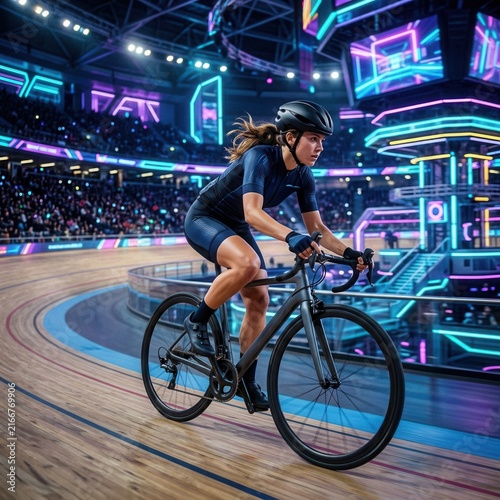 Dynamic Athlete Cyclist Racing On Modern Velodrome Track With Neon Lights