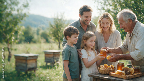 weekend apiary and outdoor recreation, elderly beekeeper talks about honey production and bees to children and parents against backdrop of hives in apple orchard, copy space idea farm to table