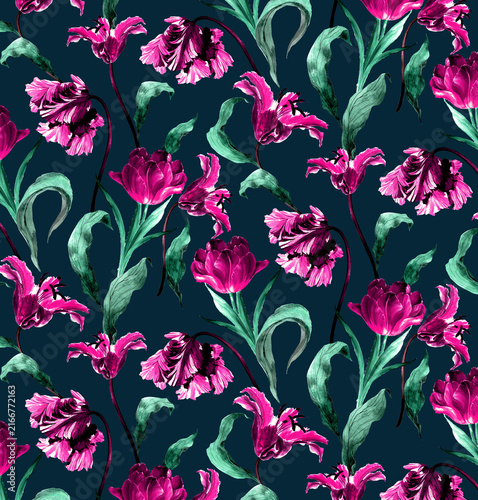 Seamless watercolor pink and magenta tulip floral pattern on dark navy blue background. Elegant hand drawn botanical illustration for luxury textile, fashion fabric, wallpaper and wrapping paper.