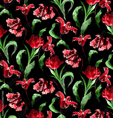 Luxury vintage seamless floral pattern with watercolor red tulips and emerald green leaves on black background.