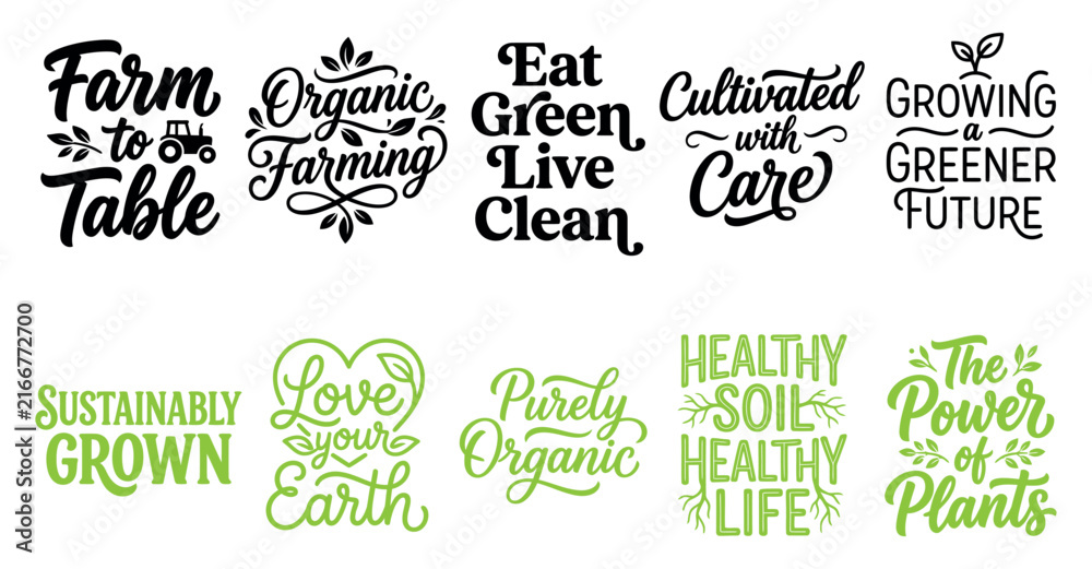 Naklejka premium Set of organic farming and healthy food quotes with typography and decorative elements for farm design Minimal solid typography set bundle collection. Editable Vector Illustration Mega pack